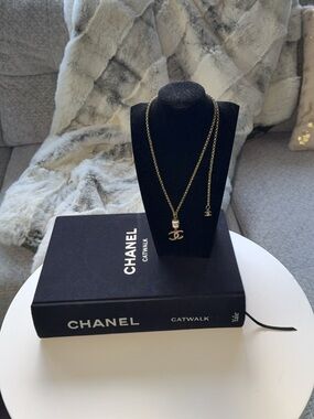 CHANEL Gold Tone Pink Enamel CC Logo Long or Short Pendant Necklace Authentic